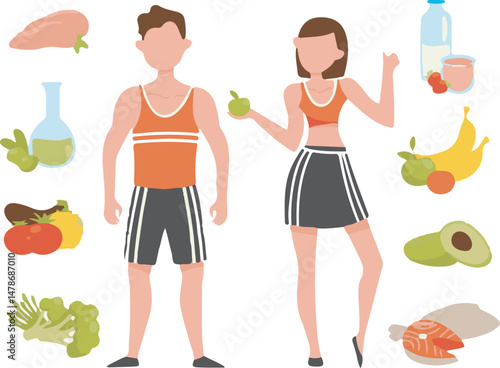 Vector illustration of healthy lifestyle with fitness couple and balanced nutrition items