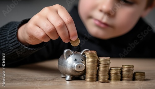 A child saves money by placing coins in a piggy bank next to stacks of coins on a table.