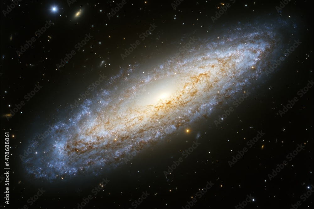 Fototapeta premium Spiral Galaxy NGC 891 Shines in Deep Space Detailed View from Earth Observation Astronomy Photography