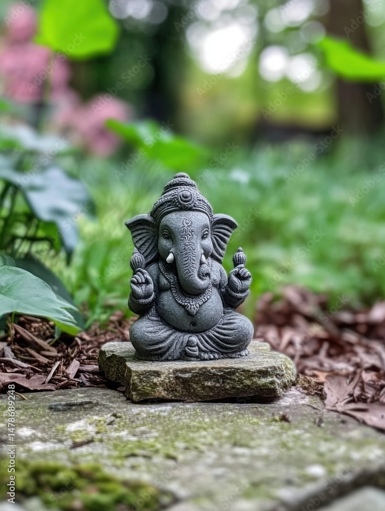 Ganesha statue meditating in garden setting low angle eye level shot spiritual icon Hinduism symbol of wisdom prosperity and good fortune Ganesha statue meditating in garden setting low angle eye level shot spiritual icon Hinduism symbol of wisdom prosperity and good fortune
