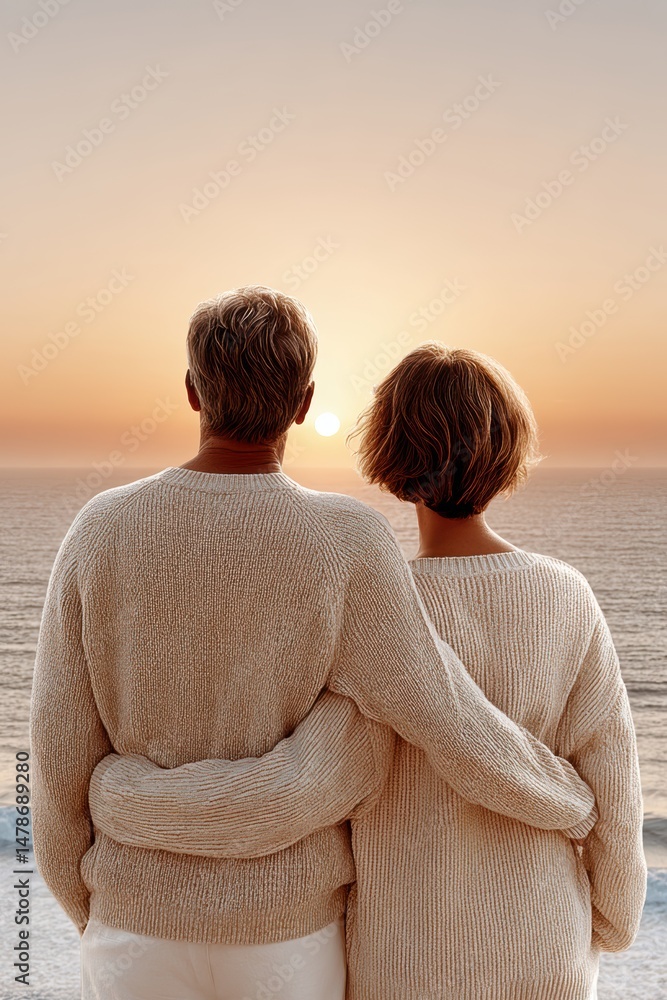 Fototapeta premium A couple embraces while watching a serene sunset over the ocean, enjoying a peaceful and intimate moment together.