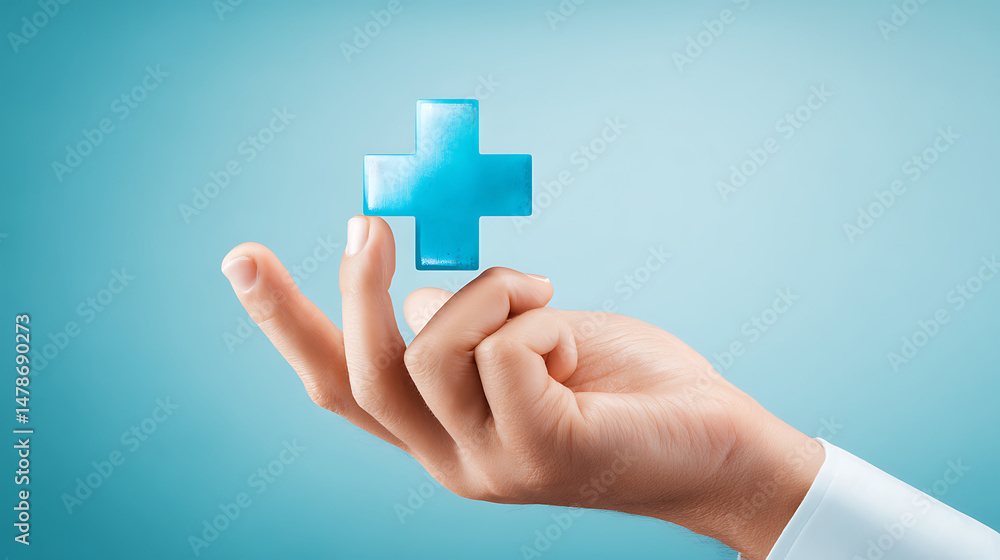 Obraz premium A hand holding a blue medical cross symbol against a soft blue background, conveying health