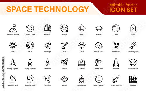 Modern Space Exploration Technology Icons – Outline, Line Art, Vector Illustrations for Rocket Science, Satellites, Astronauts, and Future Missions