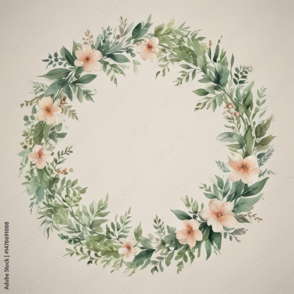 Fototapeta premium Delicate watercolor floral wreath with lush green leaves, elegant script font , elegant wedding, floral wreath