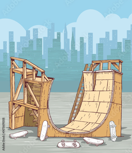 Cartoon style illustration of skateboard ramp.