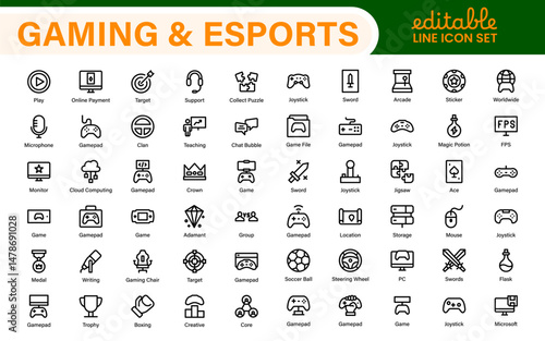 Esports Gaming Icon Pack – Modern Outline, Vector, and Line Art Illustrations for Tournaments, Teams, Players, Games, and Digital Design