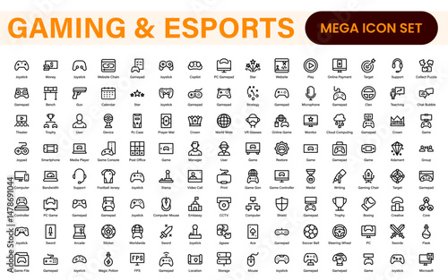 Esports Gaming Icon Pack – Modern Outline, Vector, and Line Art Illustrations for Tournaments, Teams, Players, Games, and Digital Design