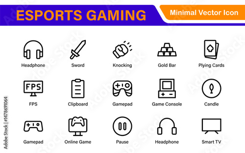 Esports Gaming Icon Pack – Modern Outline, Vector, and Line Art Illustrations for Tournaments, Teams, Players, Games, and Digital Design