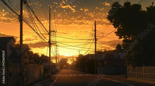 Golden sunset over a residential street with power lines and houses.