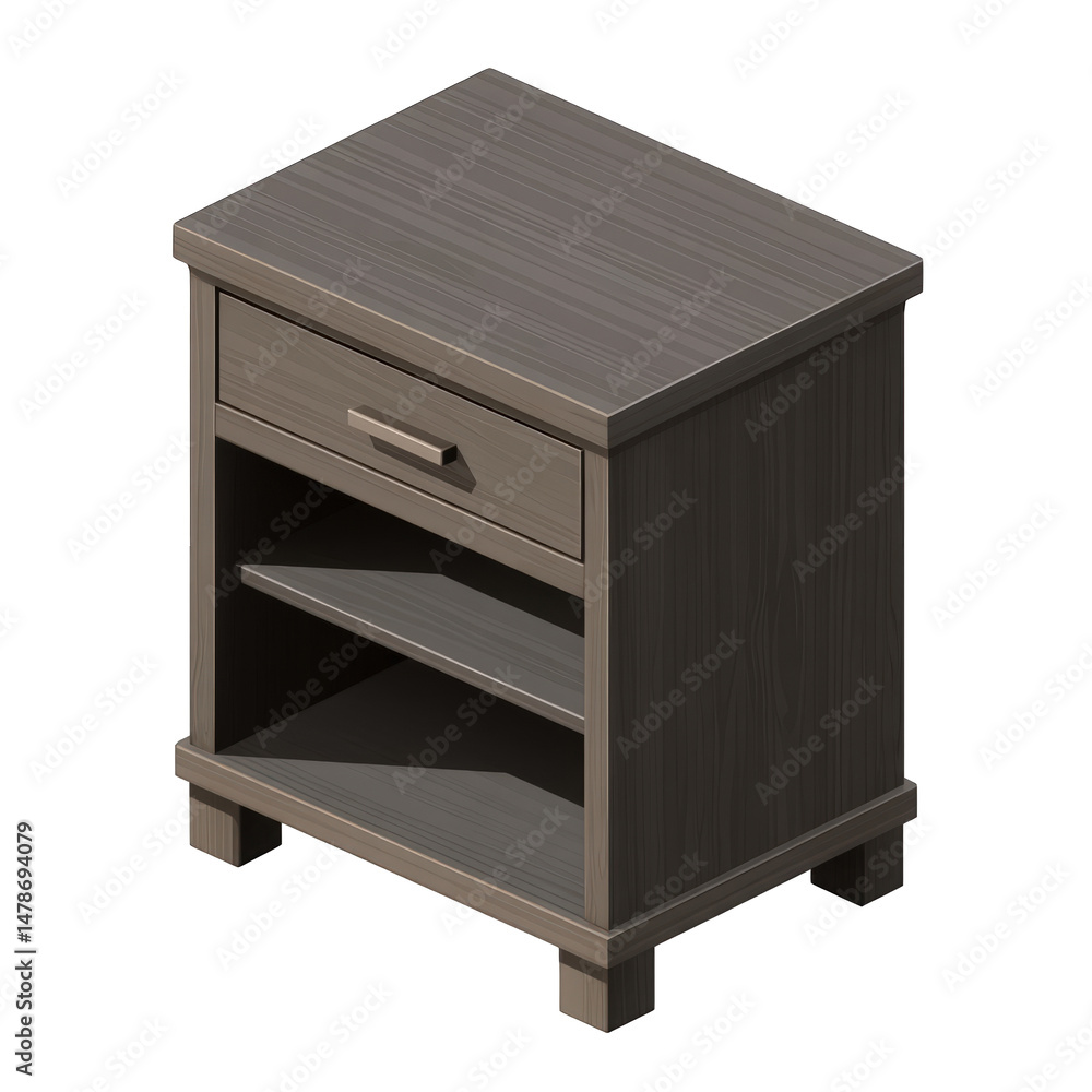 A wooden nightstand with a drawer and two shelves stands against a black background A wooden nightstand with a drawer and two shelves stands against a black background