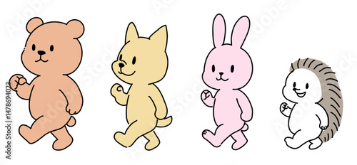 くま・犬・うさぎ・ハリネズミが行進するイラスト（かわいい動物・子ども向け）