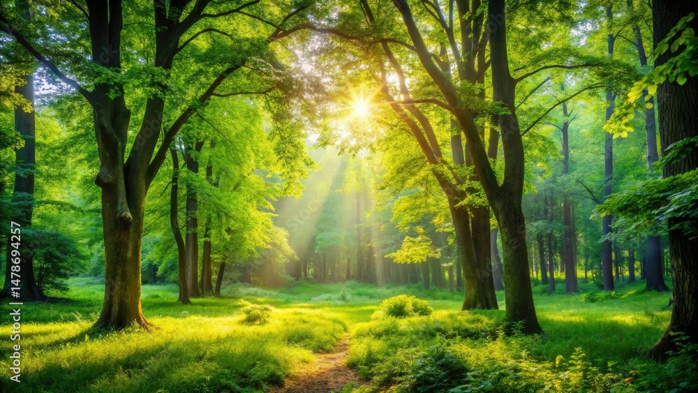 Fototapeta premium Tranquil Forest Glade: Lush Foliage, Peaceful Clearing, Nature Photography, Serene Woods