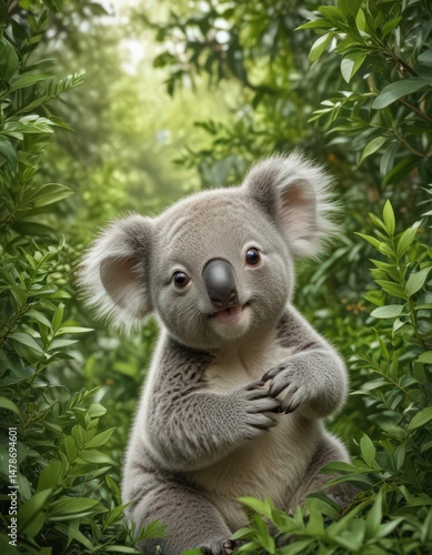 Playful koala infant among vibrant green foliage, repeating design , wrapping, cute