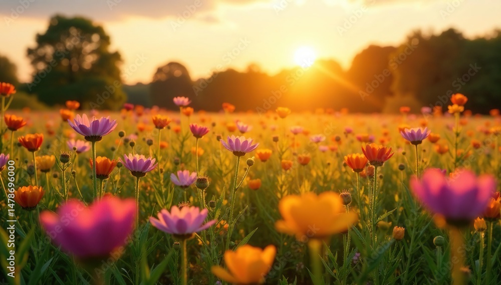 Golden hour sunlight illuminates a field of wildflowers Vibrant colors, peaceful landscape , red, day Golden hour sunlight illuminates a field of wildflowers Vibrant colors, peaceful landscape , red, day