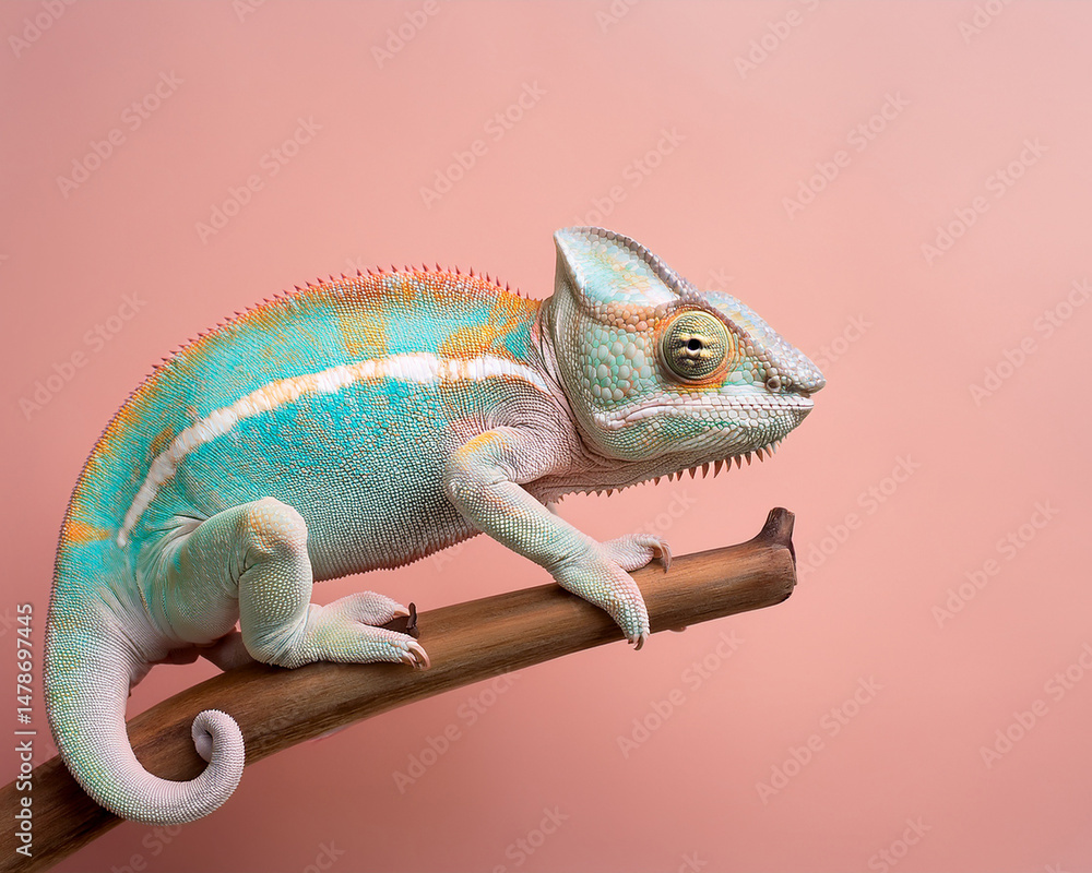 Fototapeta premium chameleon on a pastel branch, clean composition, soft shadows