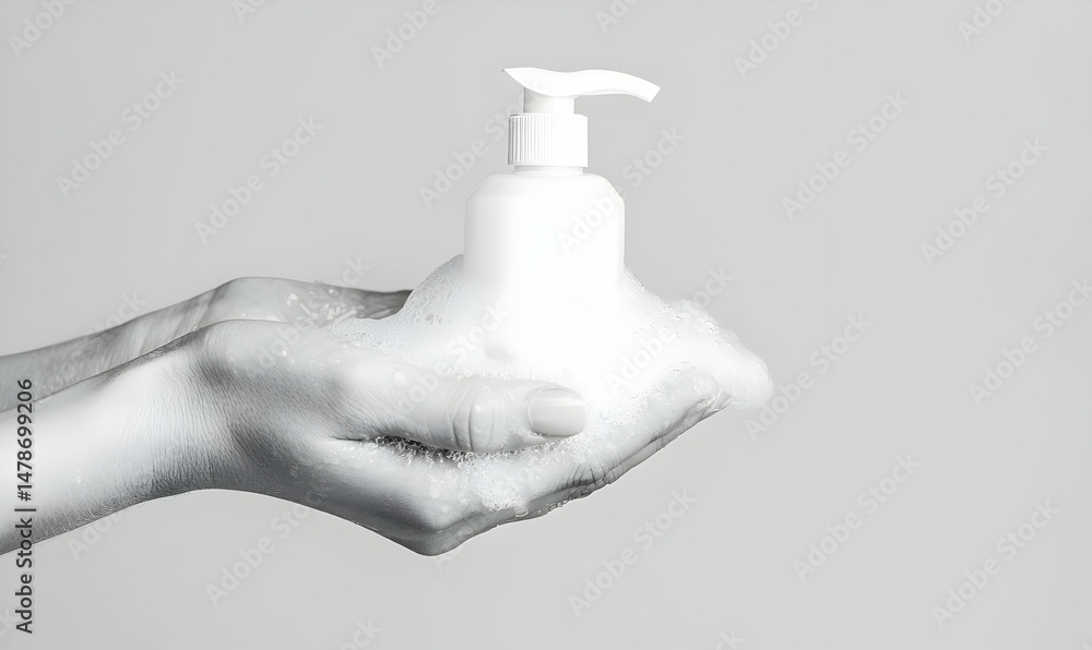 custom made wallpaper toronto digitalWhite Liquid Soap Pump Bottle in Hand with Bubbles