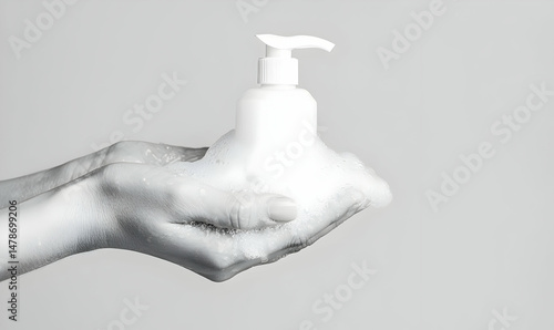 Wallpaper Mural White Liquid Soap Pump Bottle in Hand with Bubbles Torontodigital.ca