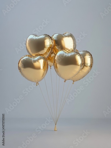 Bunch of Gold Heart Balloons Floating Still Life Studio Shot Love Celebration Anniversary Party Romance