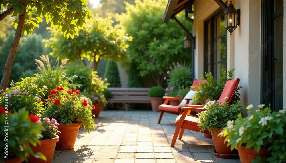 Fototapeta premium Vibrant potted plants add life to a sunny patio , ceramic, garden, bloom
