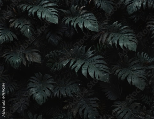 Intricate dark tropical leaves, vines, shadows  Black background ,  rich,  entanglement,  backdrop