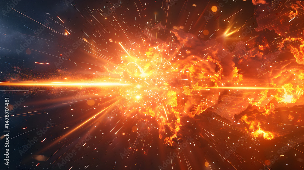 Fototapeta premium Dramatic explosion of fire and sparks with bright light streaks in a dark and smoky atmosphere