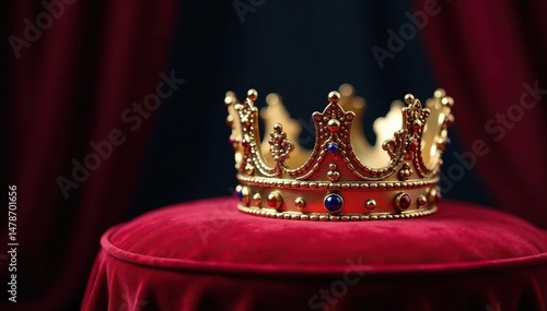 Majestic crown atop a velvet cushion, symbol of royal power , divine right, reign
