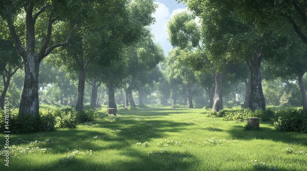 Obraz premium Sunlight through trees, a peaceful forest path.