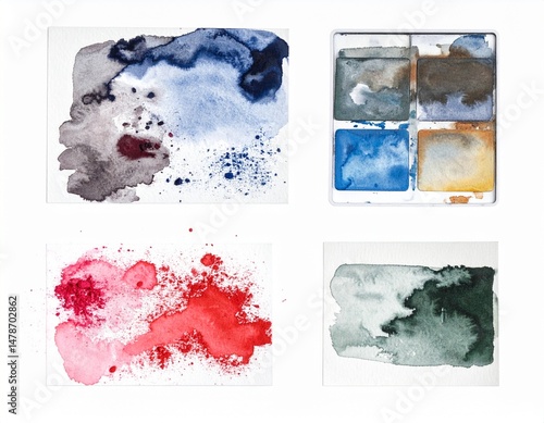 Watercolor Set with Pigment Dust on Isolated White Background