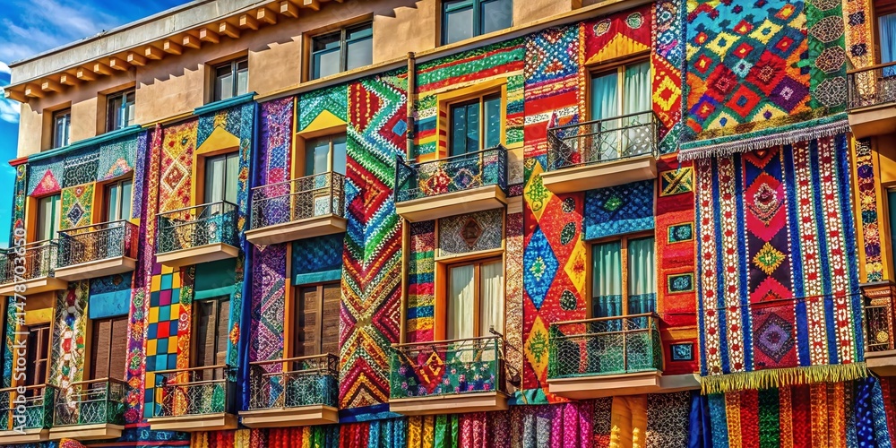 Fototapeta premium Summer Tribal Fabric Print: Architectural Photography with Doodle Art Design