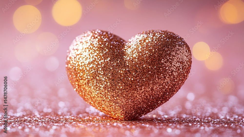 Fototapeta premium A single textured heart made of golden glitter shines brightly, isolated on a sparkling glittery background. The golden glow creates a rich, festive, and elegant feel.