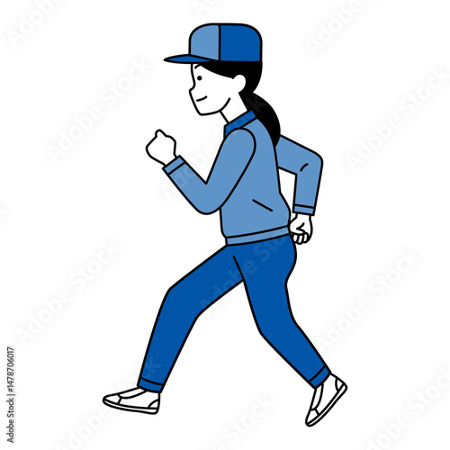 走るつなぎ作業服の女性（横向き）