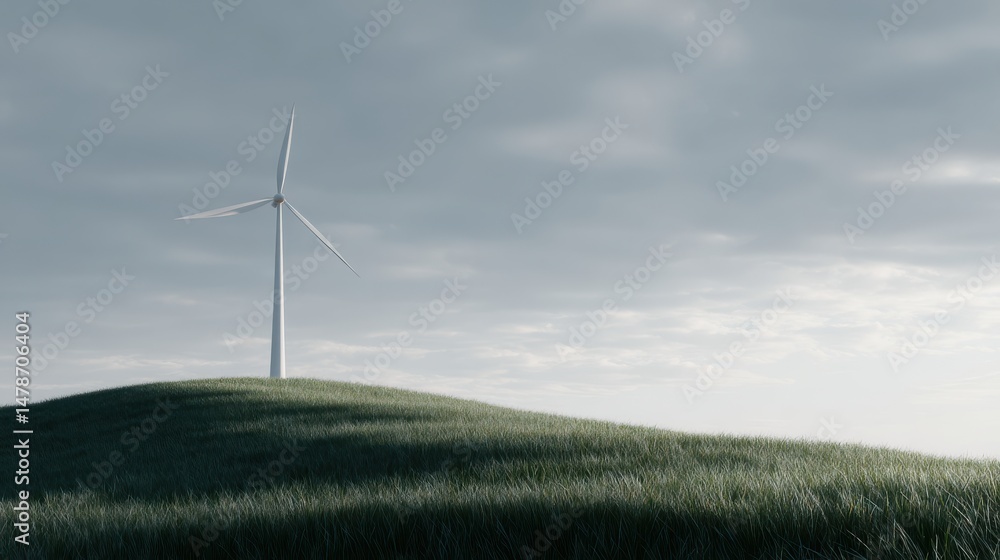 Fototapeta premium Single Minimalist Wind Turbine on Grassy Hill with Clean Modern Design, Overcast Sky, Wide Landscape
