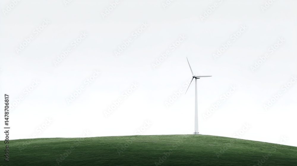 Fototapeta premium Single Minimalist Wind Turbine on Grassy Hill with Clean Modern Design, Overcast Sky, Wide Landscape