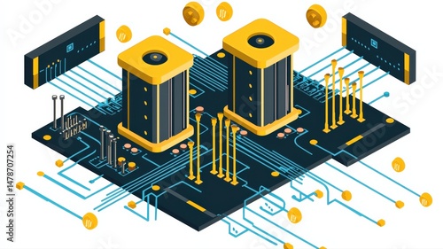 Flat isometric illustration of a quantum computing process with qubits, quantum logic gates and circuit pathways in a clean modern layout. Futuristic educational technology concept for presentations.