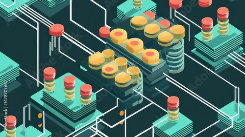 Flat isometric illustration of a quantum computing process with qubits, quantum logic gates and circuit pathways in a clean modern layout. Futuristic educational technology concept for presentations.