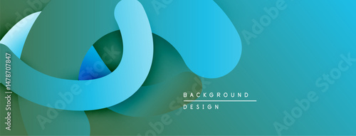 Abstract background features overlapping blue, teal layers. Minimalist design with smooth gradients, creating dynamic visual effect.