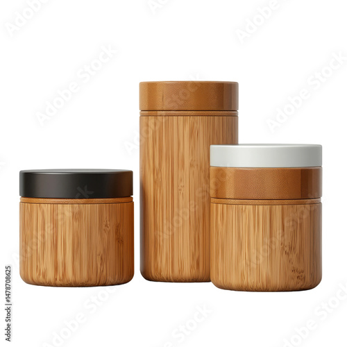 A trio of stylish bamboo containers with varying sizes and lids, perfect for storage and organization.