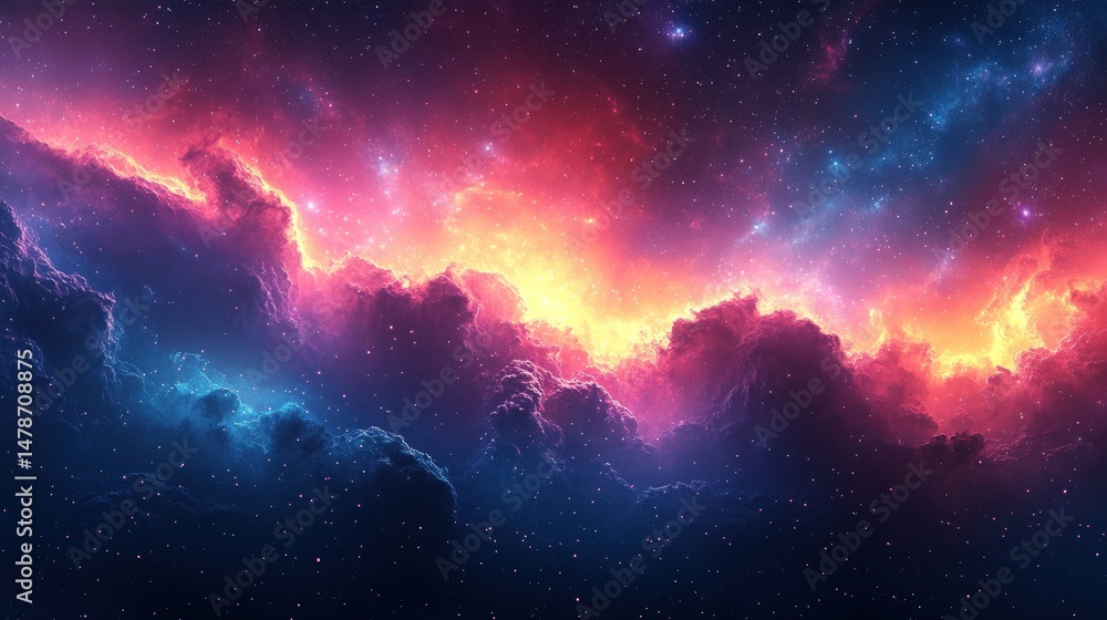 Fototapeta premium Cosmic clouds of vibrant colours. Vast expanse of nebulae with fiery, swirling nebulas