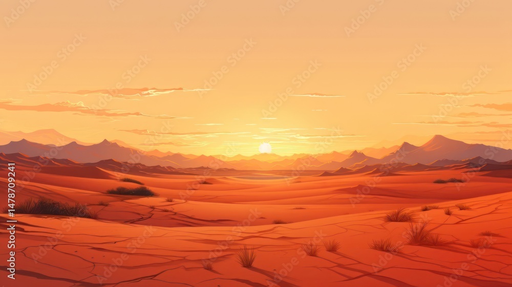 Naklejka premium Vast desert landscape at sunset, dramatic mountains, warm light.