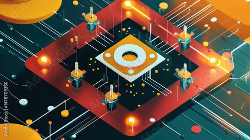 Flat isometric illustration of a quantum computing process with qubits, quantum logic gates and circuit pathways in a clean modern layout. Futuristic educational technology concept for presentations.
