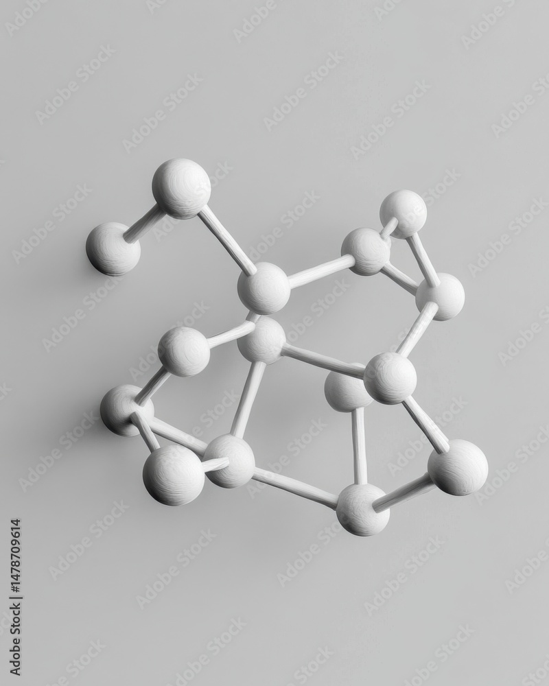 Fototapeta premium Abstract molecular structure model on gray background, science concept, top-down angle, studio shot, minimalist style