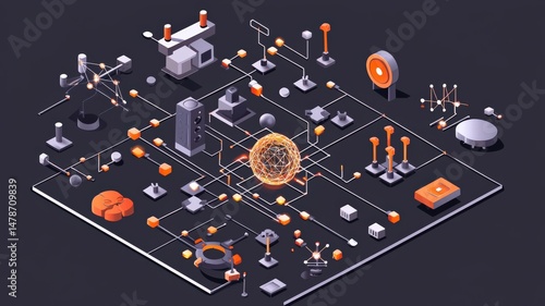 Flat isometric illustration of a quantum computing process with qubits, quantum logic gates and circuit pathways in a clean modern layout. Futuristic educational technology concept for presentations.