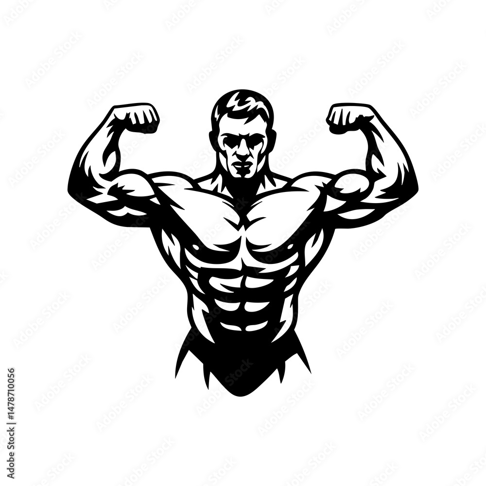 Fototapeta premium Bodybuilder flexing muscles vector illustration for fitness gym workout bodybuilding and strength training design silhouette