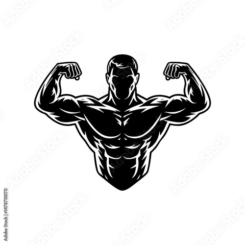 Bodybuilding fitness muscular man with biceps workout strong muscle gym training vector illustration design silhouette
