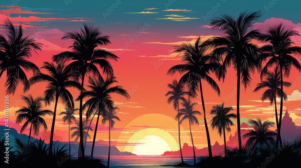 Naklejka premium Tropical sunset with palm trees and ocean view.