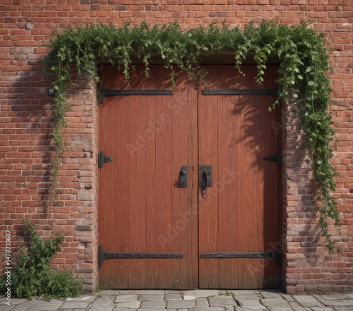 Rustic red brick wall, weathered wood door, climbing vines , building, climbing