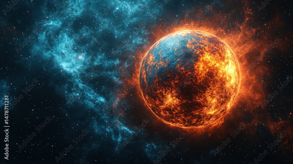 Obraz premium Fiery Planet Exploding in Cosmic Nebula