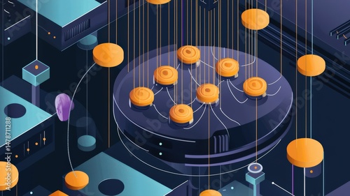 Flat isometric illustration of a quantum computing process with qubits, quantum logic gates and circuit pathways in a clean modern layout. Futuristic educational technology concept for presentations.
