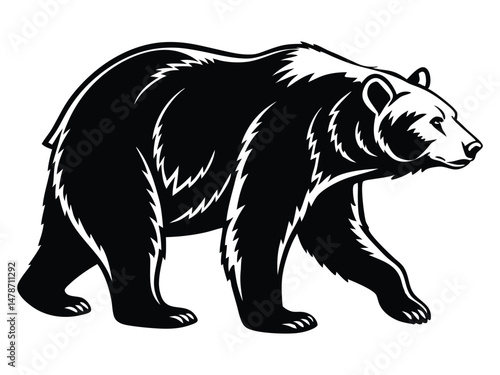 Silhouette of a Bear with two cubs following, bear silhouette illustration, Polar bear silhouette collection with cub, Bear family black silhouette animals. Vector Illustrator