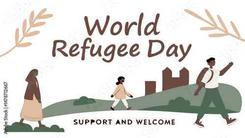 Illustrated Banner for World Refugee Day Featuring Diverse People Walking With Cityscape Background and Supportive Message